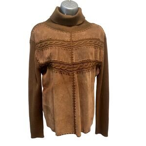 'High Point' Brown Knit and Suede Accent Panel Turtleneck Sweater Women's Large